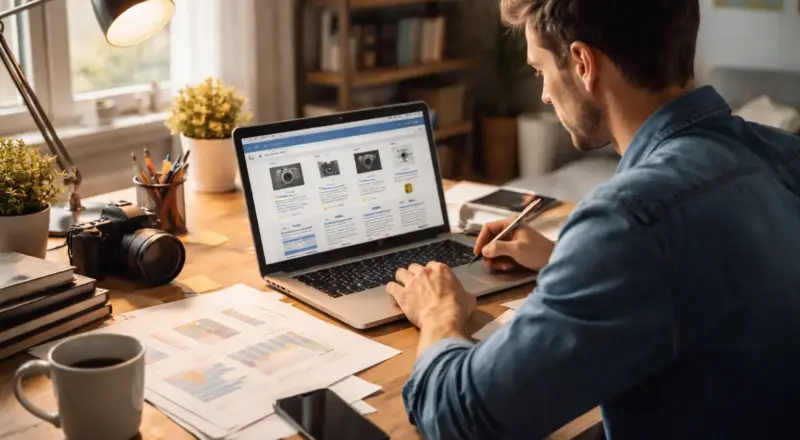 Arbeiten an einer Nischenseite im Jahr 2015 mit Laptop und Affiliate-Inhalten