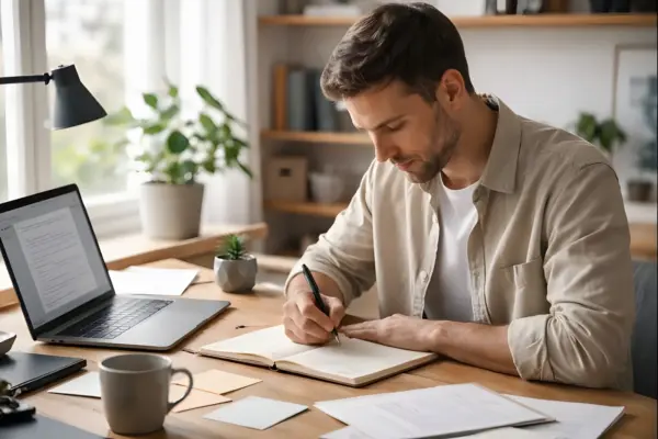 Schreibender Mann ordnet Gedanken in ruhiger Arbeitsumgebung