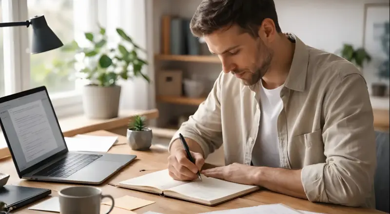 Schreibender Mann ordnet Gedanken in ruhiger Arbeitsumgebung