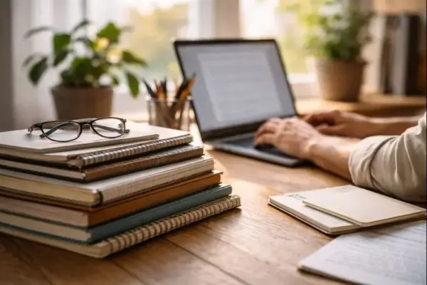 Blogger arbeitet am Laptop an Texten als langfristige Investition