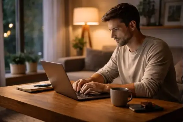 Blogger schreibt abends allein am Laptop in ruhiger Umgebung