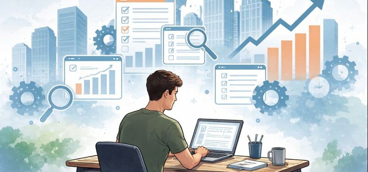 Blogger arbeitet am Laptop, während abstrakte SEO-Agentur-Symbole im Hintergrund schweben