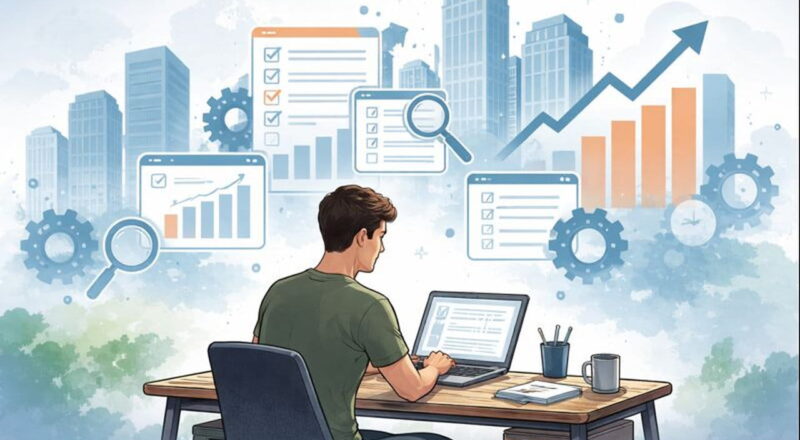 Blogger arbeitet am Laptop, während abstrakte SEO-Agentur-Symbole im Hintergrund schweben