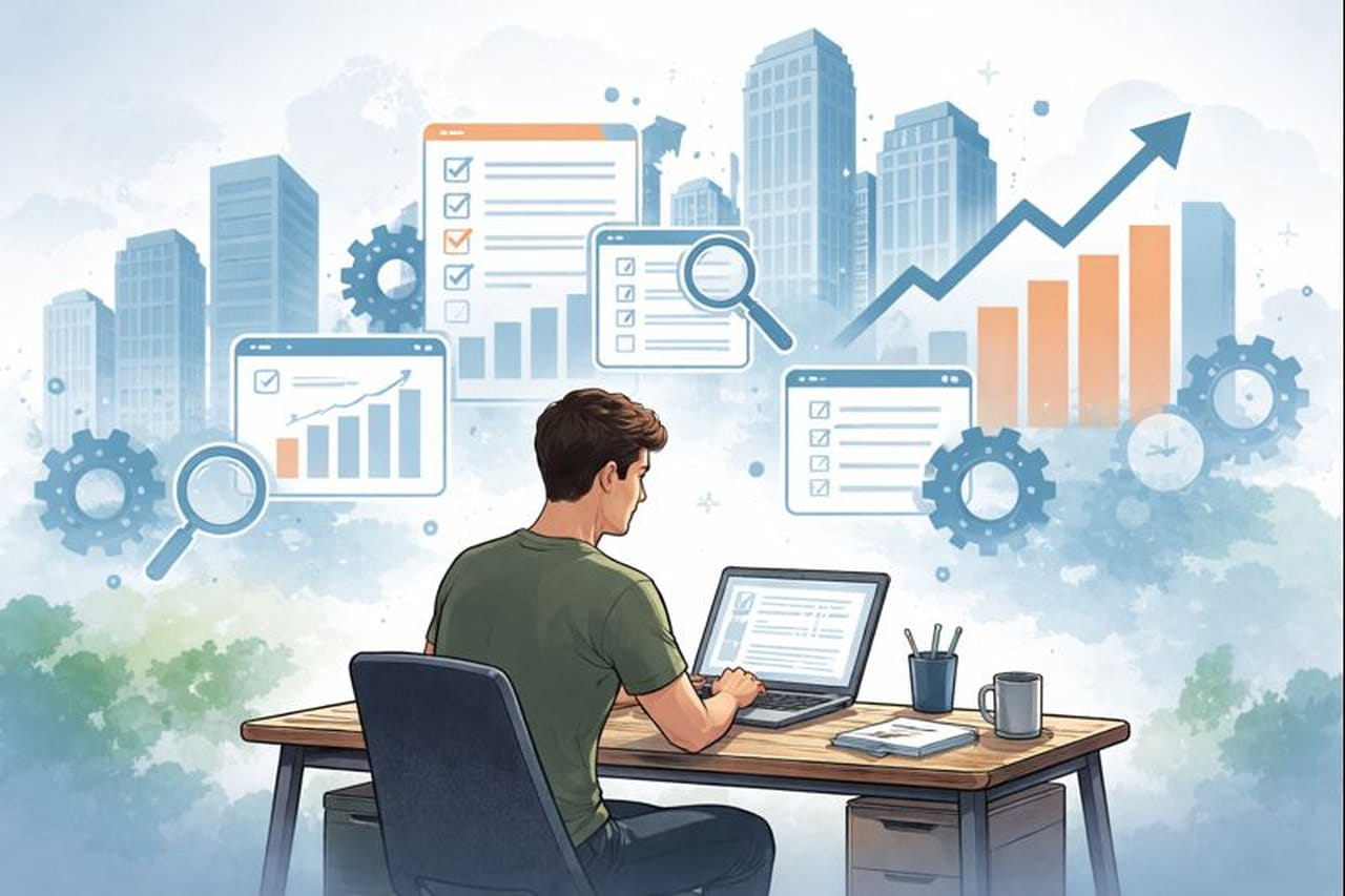 Blogger arbeitet am Laptop, während abstrakte SEO-Agentur-Symbole im Hintergrund schweben