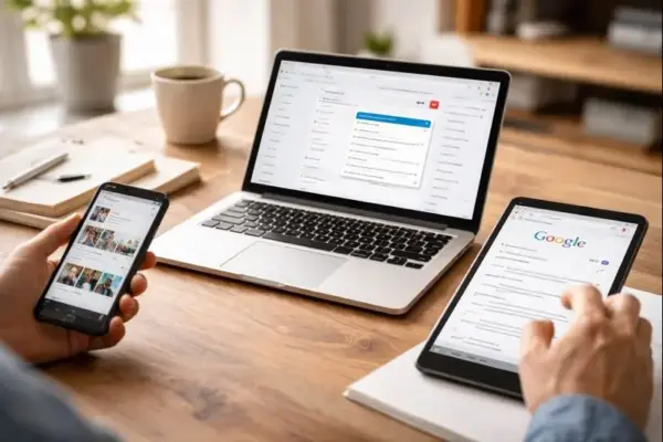 Unterschiedliche Traffic-Quellen wie Google, E-Mail und Social Media auf mehreren Geräten