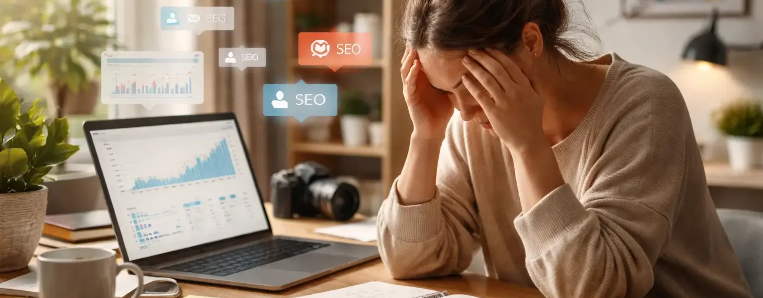 Gestresste Bloggerin am Schreibtisch mit Statistiken – Bloggen ohne Druck wird immer wichtiger