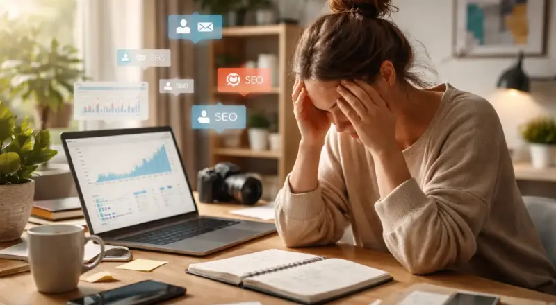 Gestresste Bloggerin am Schreibtisch mit Statistiken – Bloggen ohne Druck wird immer wichtiger