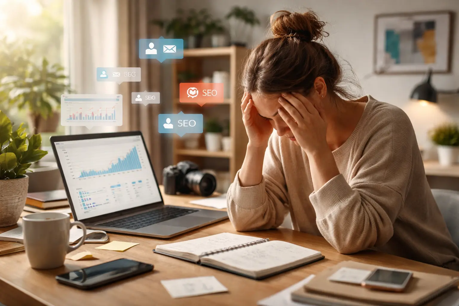 Gestresste Bloggerin am Schreibtisch mit Statistiken – Bloggen ohne Druck wird immer wichtiger
