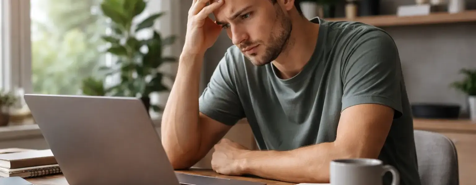 Frustrierter Blogger sitzt vor Laptop und merkt, dass Erwartungen an eine Nischenseite nicht erfüllt werden