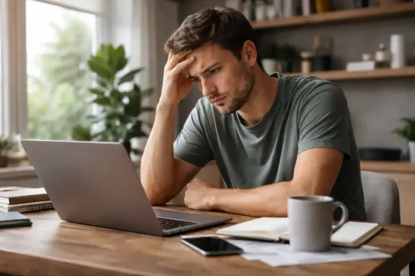 Frustrierter Blogger sitzt vor Laptop und merkt, dass Erwartungen an eine Nischenseite nicht erfüllt werden