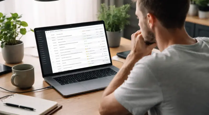 Blogger prüft WordPress-Plugins auf einem Laptop in ruhiger Arbeitsumgebung