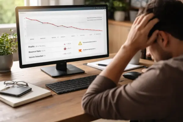 Blogger sitzt vor Bildschirm mit schlechten SEO-Daten und fehlender Sichtbarkeit in Suchmaschinen