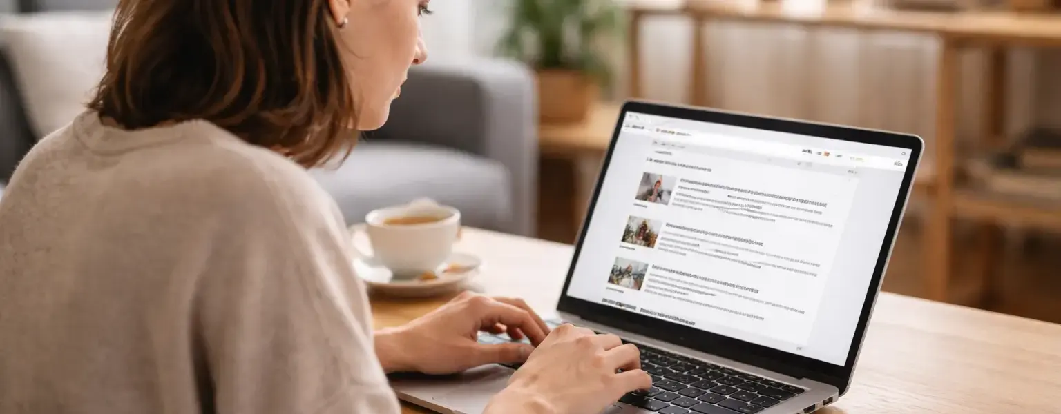 Nutzer recherchiert am Laptop Suchergebnisse zu einem konkreten Thema