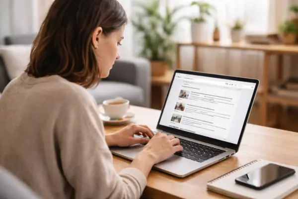 Nutzer recherchiert am Laptop Suchergebnisse zu einem konkreten Thema