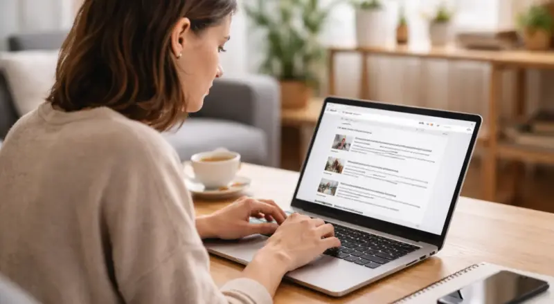 Nutzer recherchiert am Laptop Suchergebnisse zu einem konkreten Thema