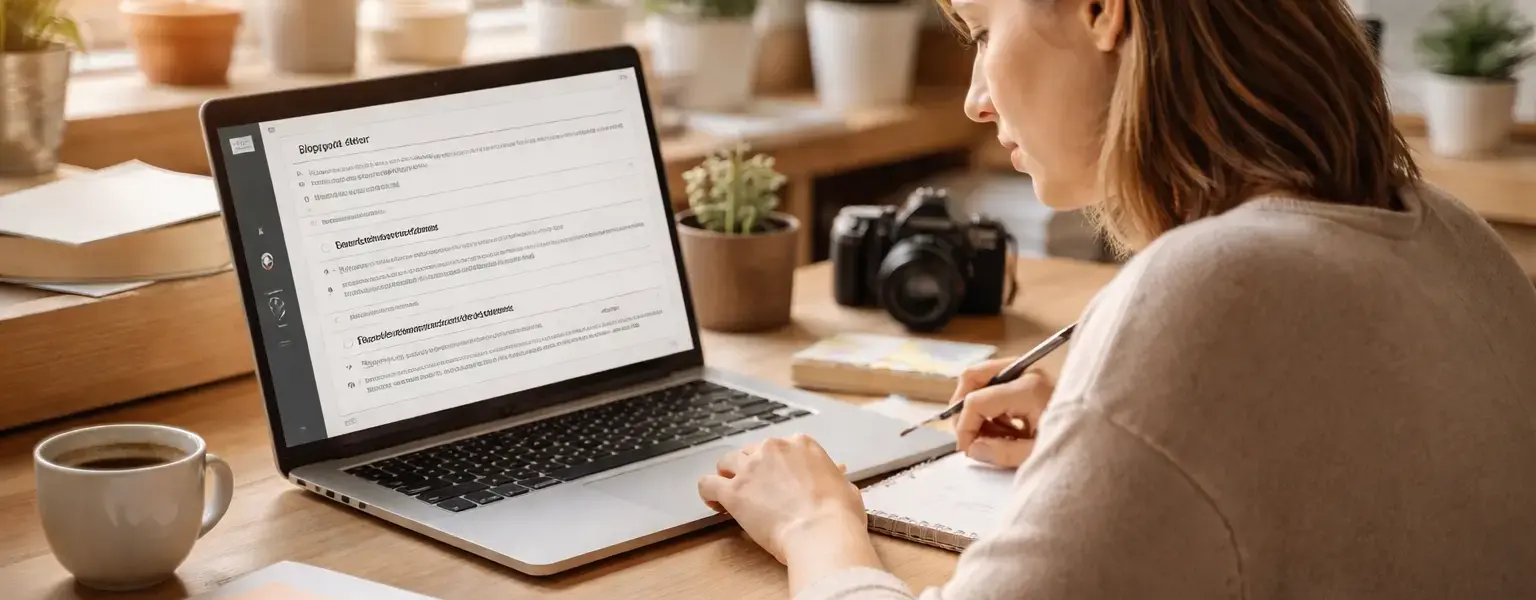 Bloggerin arbeitet transparent an einem Artikel am Schreibtisch