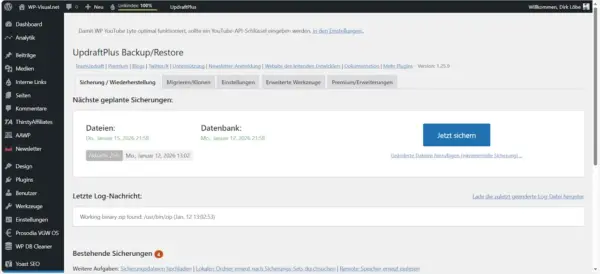 WordPress-Backup per Plugin: Übersicht in UpdraftPlus UpdraftPlus Plugin zur Sicherung und Wiederherstellung einer WordPress-Website