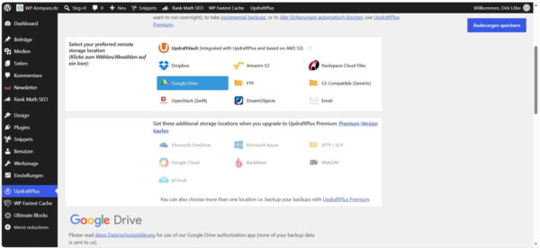 Externen Speicher für WordPress Backups mit UpdraftPlus auswählen