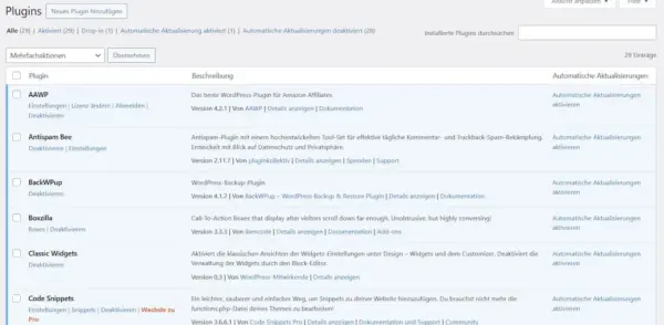 Übersicht installierter WordPress-Plugins im Admin-Bereich