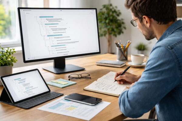 Struktur und Argumentationslogik mit KI entwickeln Artikelstruktur mit KI erstellen: Blogger plant Gliederung und Argumentationslogik am Bildschirm