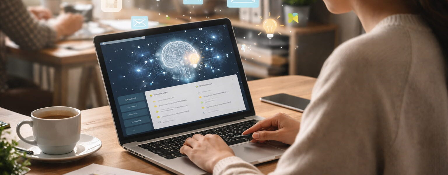 Blogger arbeitet am Laptop mit KI-Tool zur Texterstellung und Analyse