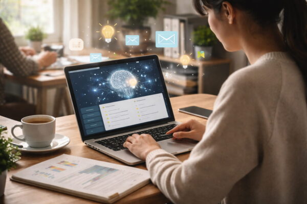 KI für Blogger – Grundlagen und Potenziale im Arbeitsalltag Blogger arbeitet am Laptop mit KI-Tool zur Texterstellung und Analyse