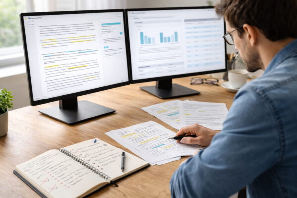 Faktencheck und Textoptimierung mit KI Qualitätssicherung mit KI: Blogger prüft Text, Daten und Fakten am Doppelmonitor