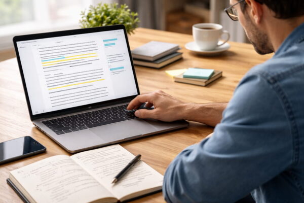 Rohtext mit KI erstellen und gezielt überarbeiten KI-Rohtext überarbeiten: Blogger markiert und optimiert Text am Laptop