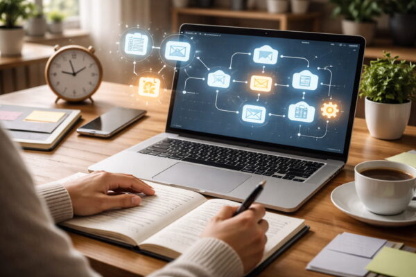 Produktivität steigern mit KI: Workflows und Automatisierung Blogger plant Workflow am Laptop mit KI-gestützter Automatisierung