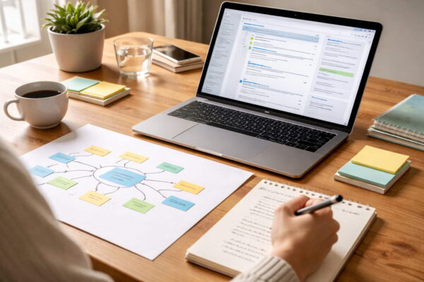 Planung und Strukturierung einer Pillar Pages Übersicht mit Themenclustern am Schreibtisch