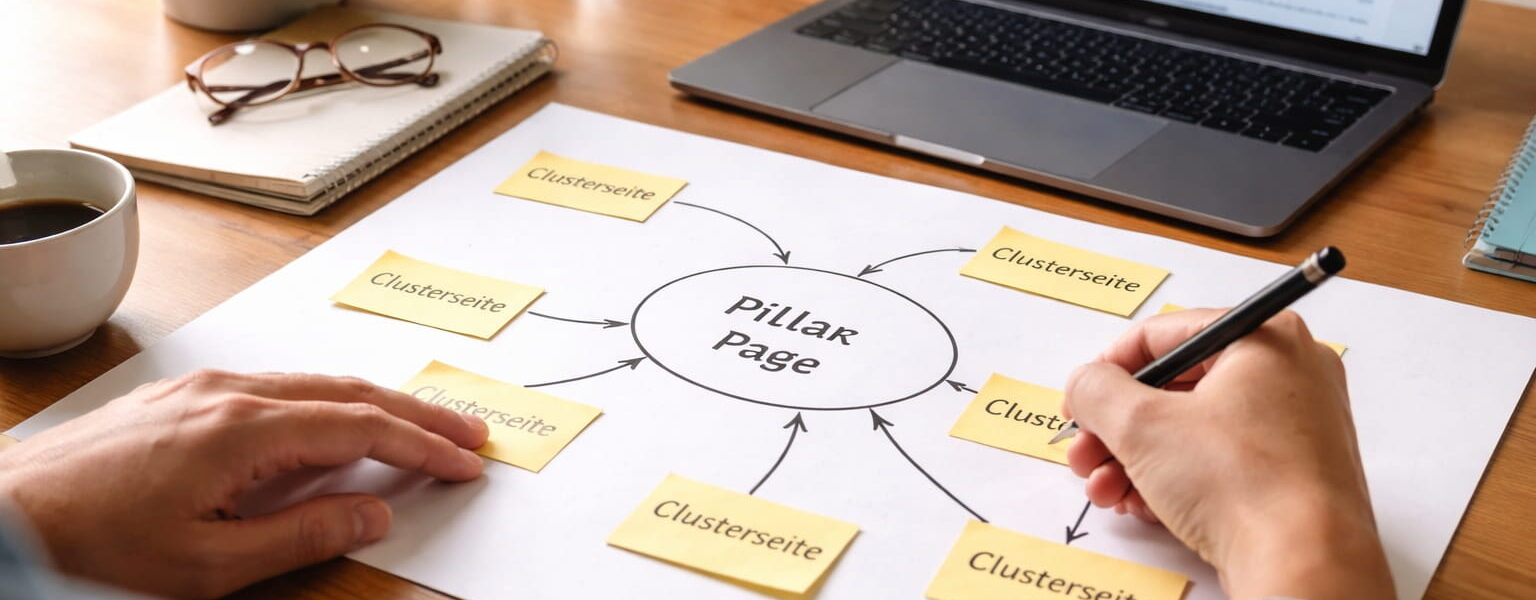 Pillar Pages als zentrale Übersichtsseiten mit verbundenen Clusterseiten in einer strukturierten Themenübersicht