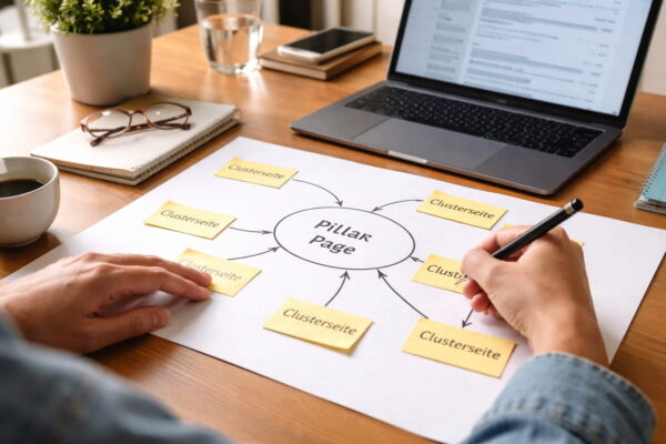 Pillar Pages als zentrale Übersichtsseiten mit verbundenen Clusterseiten in einer strukturierten Themenübersicht
