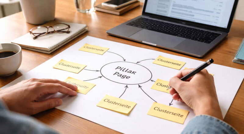Pillar Pages als zentrale Übersichtsseiten mit verbundenen Clusterseiten in einer strukturierten Themenübersicht