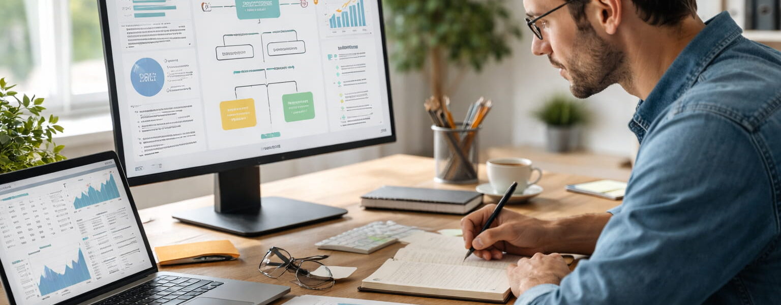 Schreib-Workflow mit KI entwickeln: Blogger analysiert Struktur am Schreibtisch