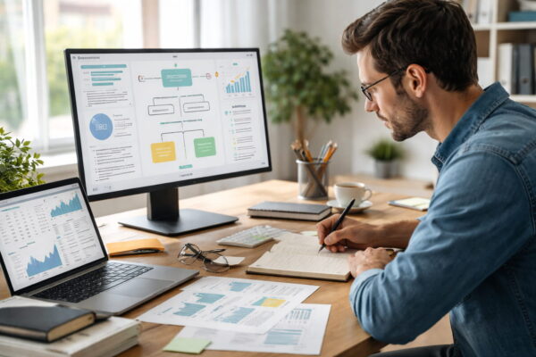 Profi-Content mit KI planen und strukturieren Profi-Content erstellen mit KI: Blogger analysiert Struktur und Strategie am Schreibtisch