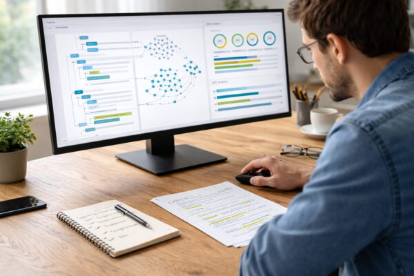 Content-Optimierung und interne Verlinkung mit KI SEO-Feinschliff mit KI: Blogger optimiert Struktur und interne Verlinkung am Monitor