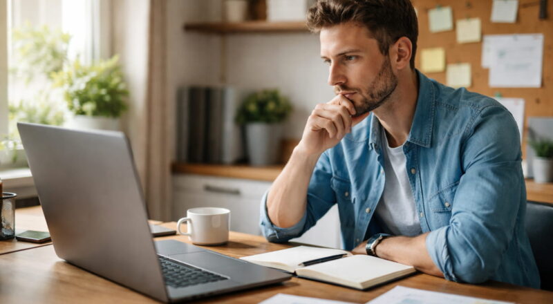 Blogger überlegt am Laptop, welche Inhalte Leser von einer Nischenseite erwarten