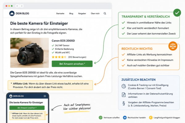 Affiliate-Links bei Affiliate-Programmen für Blogger richtig kennzeichnen Affiliate-Programme für Blogger mit transparent gekennzeichnetem Affiliate-Link und Hinweis zur Provision