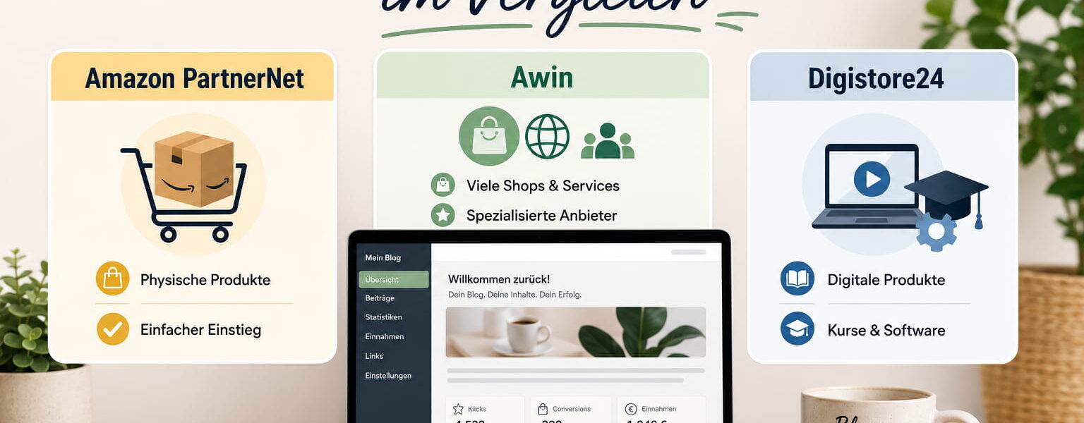 Affiliate-Programme für Blogger im Vergleich mit Amazon PartnerNet, Awin und Digistore24 als Beitragsbild
