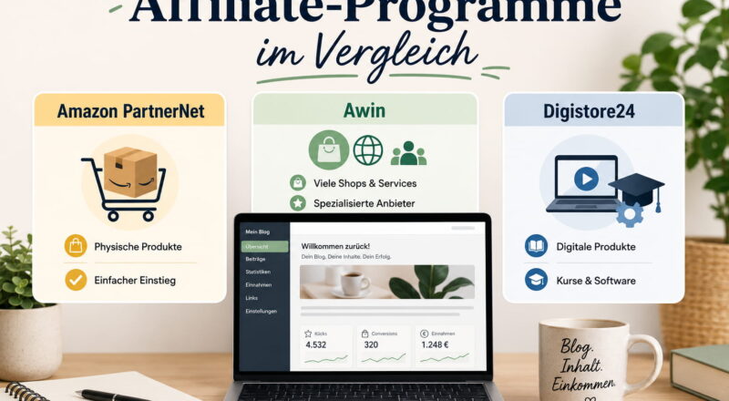 affiliate programme fuer blogger Affiliate-Programme für Blogger im Vergleich mit Amazon PartnerNet, Awin und Digistore24 als Beitragsbild
