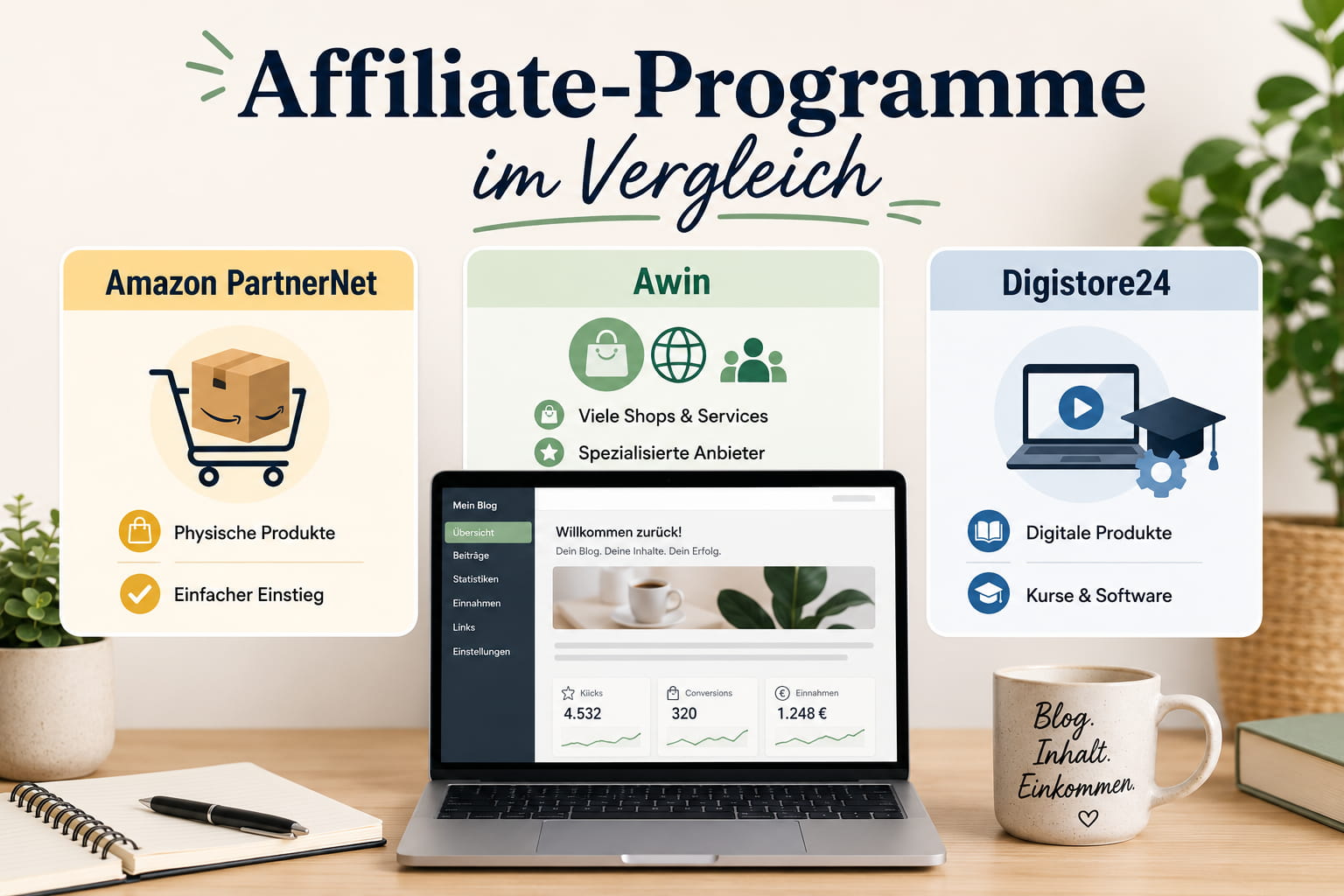 Affiliate-Programme für Blogger im Vergleich mit Amazon PartnerNet, Awin und Digistore24 als Beitragsbild