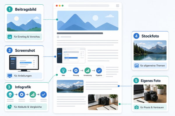 Passende Bilder für den Blog finden Übersicht zu Beitragsbild, Screenshot, Infografik, Stockfoto und eigenem Foto, um passende Bilder für den Blog zu finden
