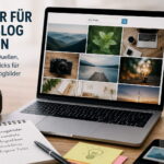 Laptop mit Bildauswahl und Kamera zum Thema Bilder für den Blog finden