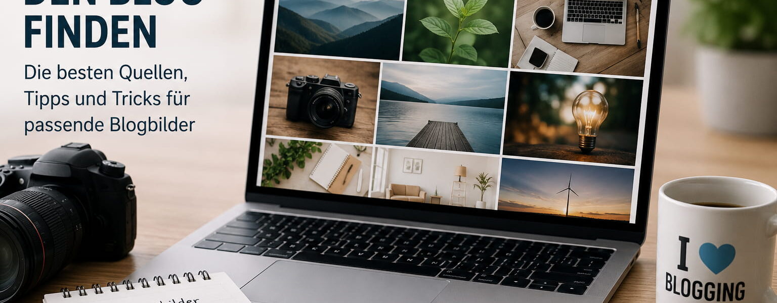 Laptop mit Bildauswahl und Kamera zum Thema Bilder für den Blog finden