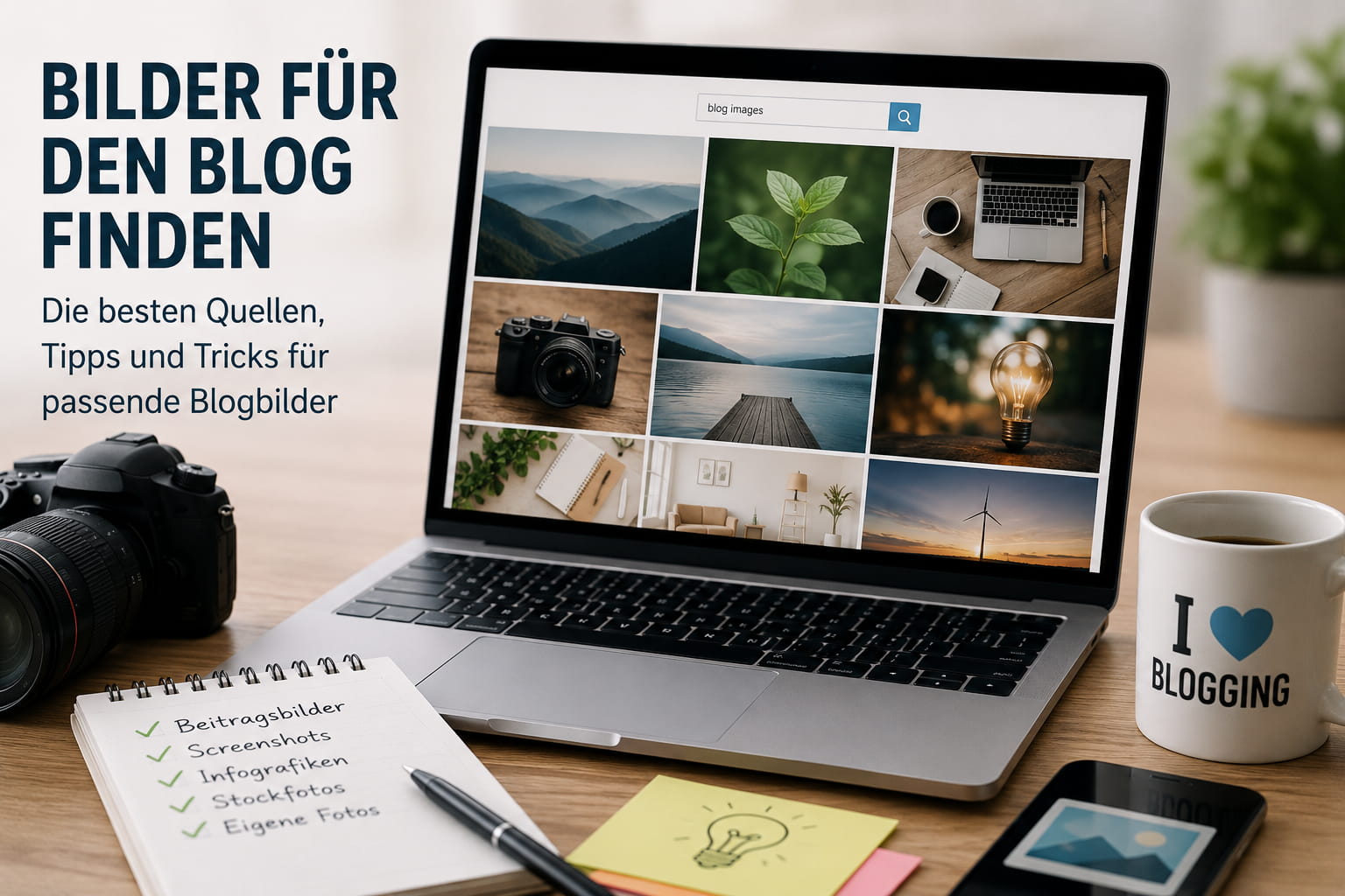 Laptop mit Bildauswahl und Kamera zum Thema Bilder für den Blog finden