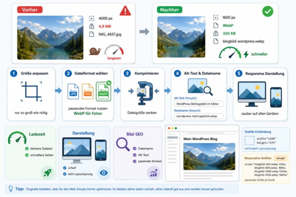 Bilder für den Blog finden und technisch optimieren Schritte zur Optimierung von Bildgröße, Dateiformat, Alt-Text und Darstellung, um passende Bilder für den Blog zu finden