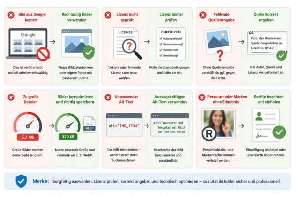 Bilder für den Blog finden und typische Fehler vermeiden Typische Fehler beim Bilder für den Blog finden: ungeprüfte Lizenzen, fehlende Quellenangaben, große Dateien und unpassende Alt-Texte