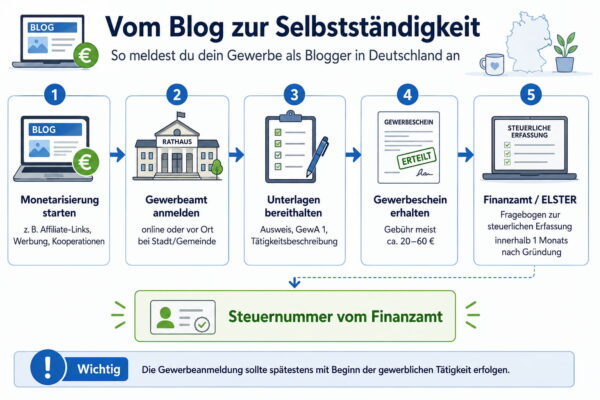 Gewerbe anmelden als Blogger – Ablauf der Anmeldung im Überblick Gewerbe anmelden als Blogger: Ablauf von der Monetarisierung über das Gewerbeamt bis zur steuerlichen Erfassung