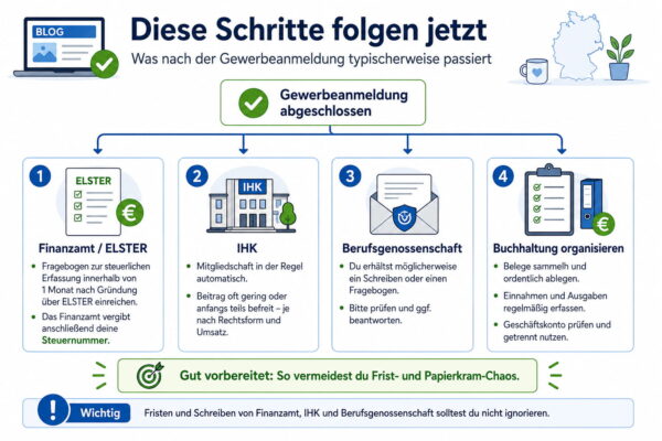 Gewerbe anmelden als Blogger – diese Schritte folgen danach Gewerbe anmelden als Blogger: Übersicht zu den nächsten Schritten nach der Gewerbeanmeldung mit Finanzamt, IHK, Berufsgenossenschaft und Buchhaltung