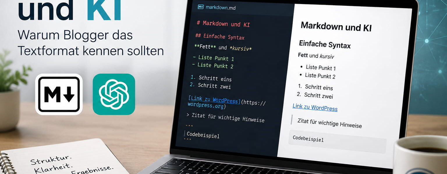 Markdown und KI auf einem Laptop mit Quelltext und formatierter Vorschau